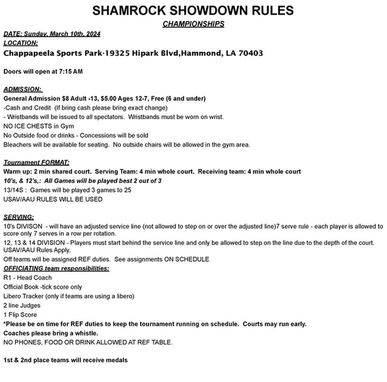 2024 Shamrock Showdown Schedule